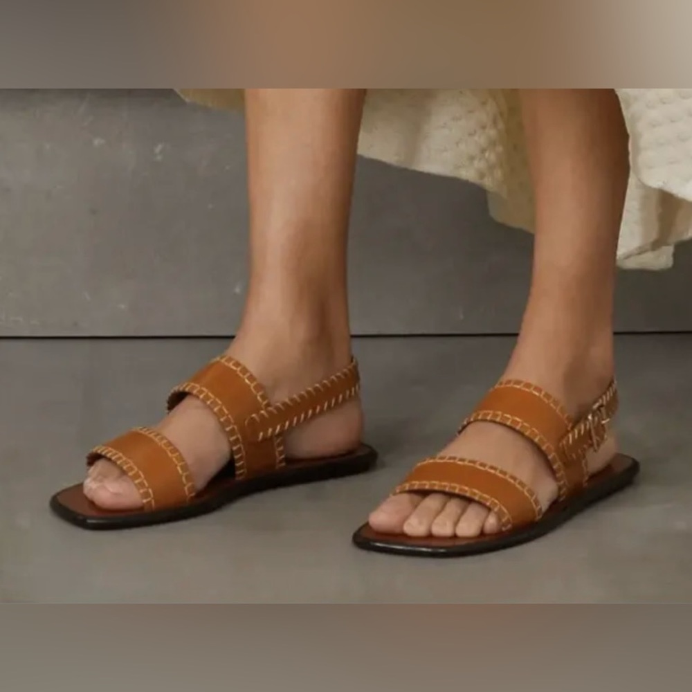 Joie Chestnut Tan Embroider Double Strap Buckle Back Square Toe Sandals 9